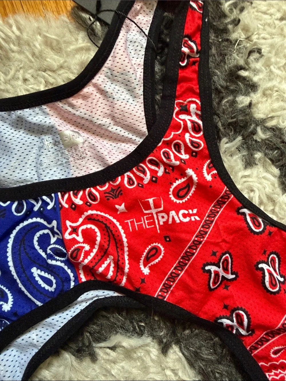 NWT Bandana Split Crop Harness Bodysuit & Arm Sleeves Set - Red & Blue